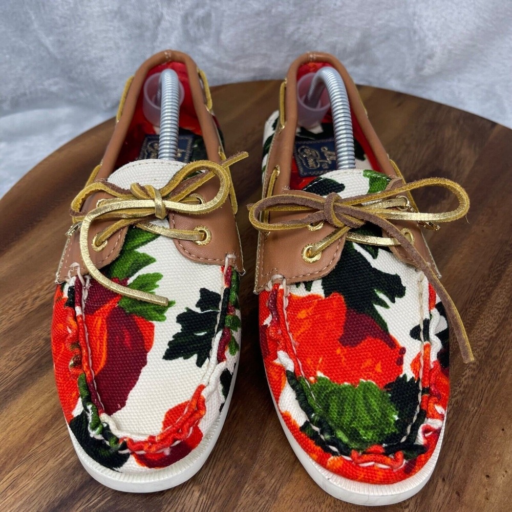Milly x Sperry Top-sider Boat Shoes Womens 7 M Red Floral Canvas Gold Laces